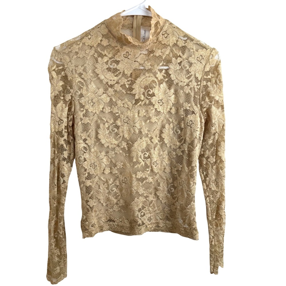Kay Celine Lace Mock Neck Top Sheer Gold Romantic Coquette Y2K Women S‎